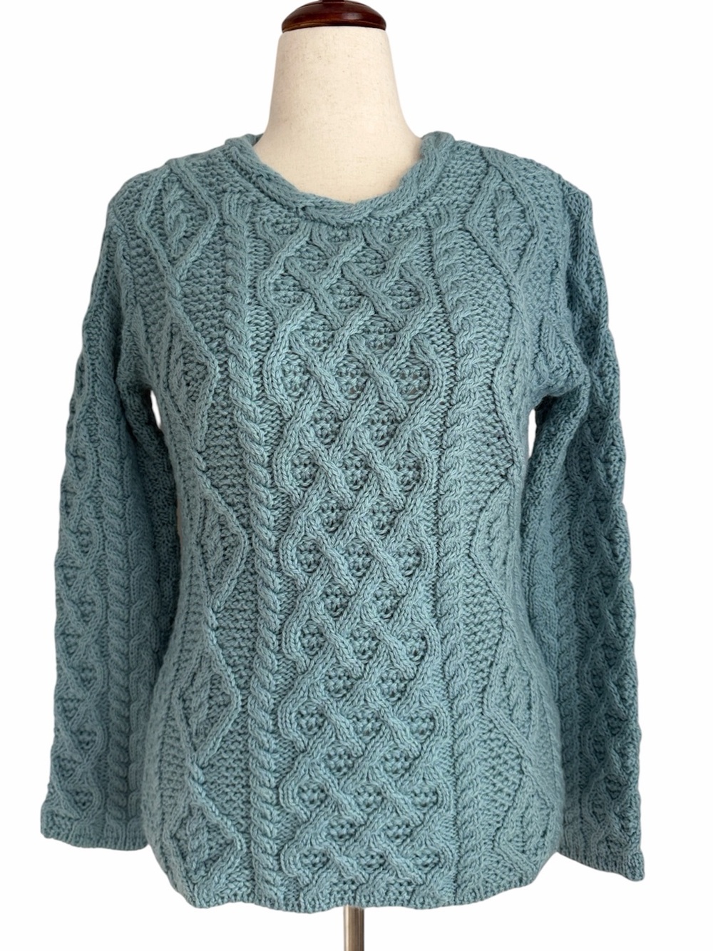 Irelandseye Irish Cable Knit Sweater Blue Fitted Wool Size L Made in Ireland